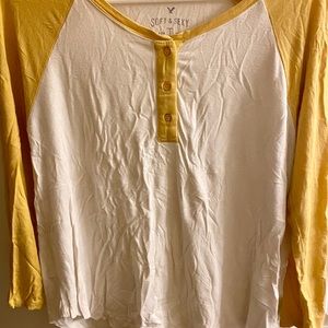 American Eagle White & Yellow Henley Top